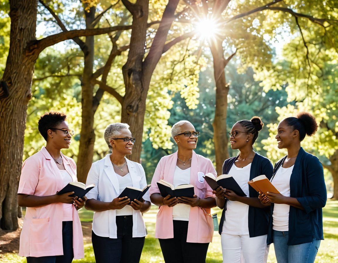 A diverse group of individuals standing together in a serene park, sharing knowledge and support, while holding books and discussion papers about health advocacy. The sunlight filters through the trees, symbolizing hope. Incorporate elements of cancer awareness such as ribbons subtly in their attire. Vibrant colors. peaceful atmosphere. super-realistic.