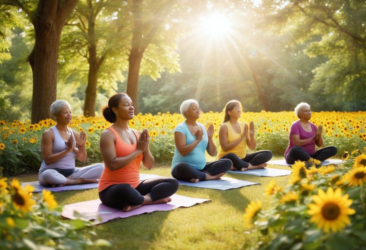 A serene and uplifting scene featuring a diverse group of cancer survivors engaging in outdoor activities, like yoga and meditation, surrounded by lush greenery and bright sunflowers. Soft rays of sunshine filtering through the trees create a warm and hopeful atmosphere. Include empowering symbols like ribbons and butterflies scattered in the background. Illustrate a message of resilience and healing, emphasizing community and support. bright colors. soft focus. inspirational.