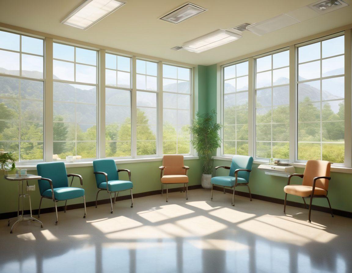 A serene hospital environment with compassionate healthcare professionals discussing wellness strategies with a diverse group of patients. Visible elements include wellness charts, supportive hands, and calming colors like greens and blues. Light filters through large windows, symbolizing hope and healing. Composition should evoke a sense of community and support. super-realistic. vibrant colors. warm lighting.